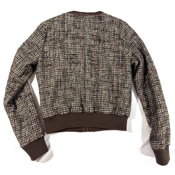 Forever 21 I Love H81 Tweed Bomber Jacket M Brown Faux Leather Zip Plaid Lined - Picture 10 of 10